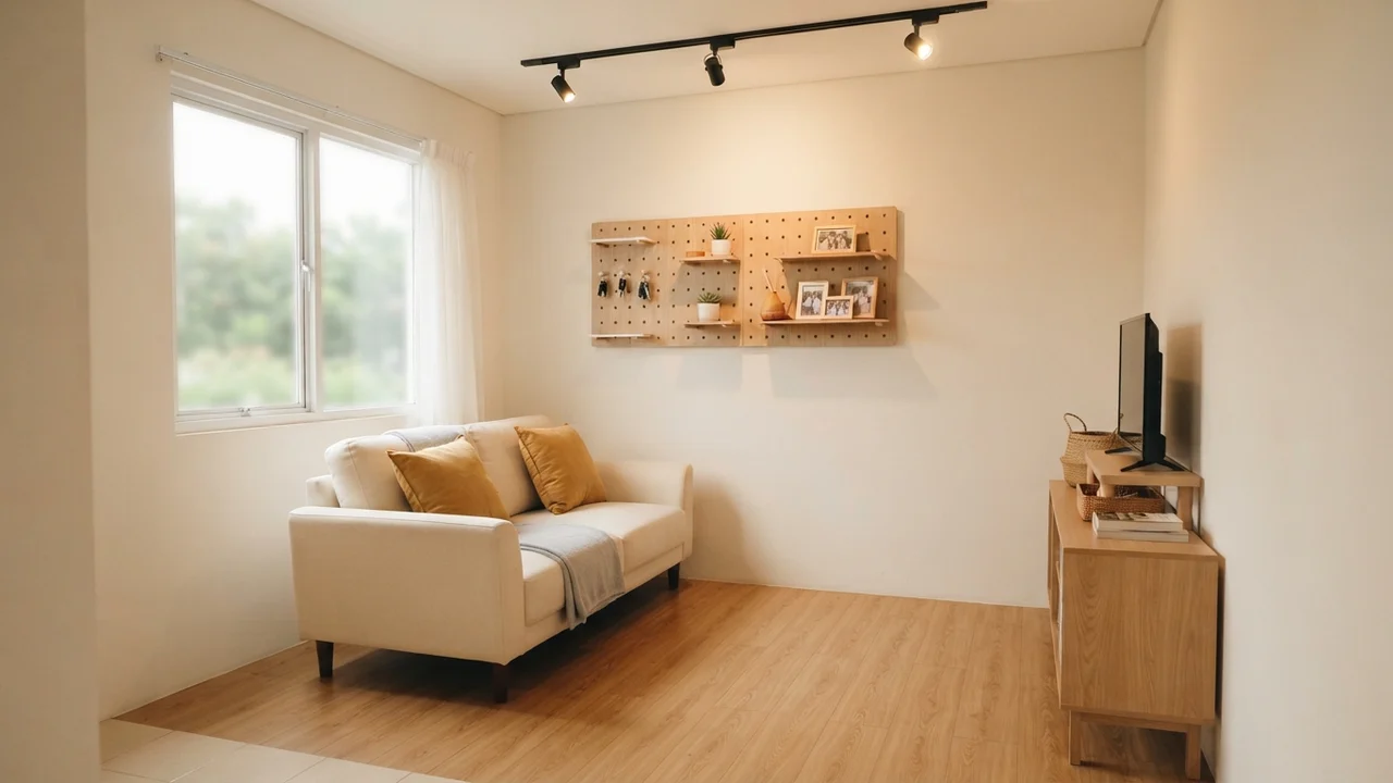Ide 2: Lantai Vinyl Kayu, Sofa Krem, & Pegboard Dinding