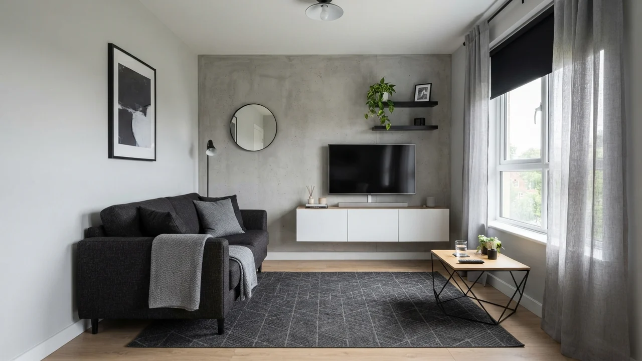 Ide 3: Loveseat Charcoal, Dinding Semen Aksen TV, & Rak Melayang