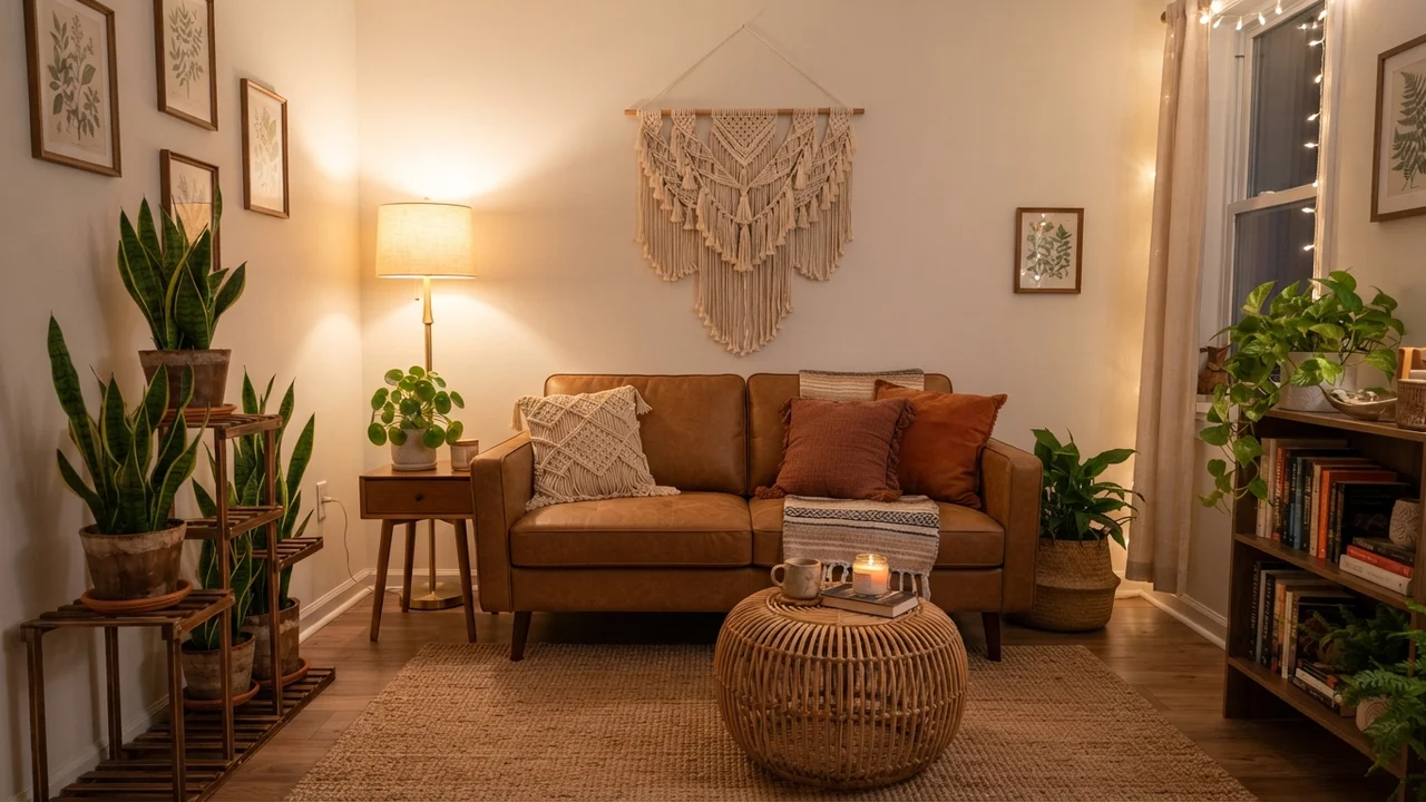 Ide 4: Sofa Karamel, Meja Anyaman Rotan, & Tanaman Hias