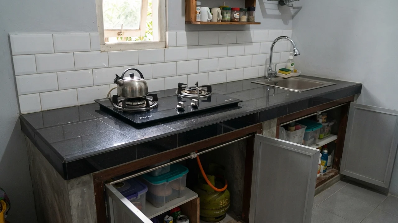 Ide 2: Finishing Meja Cor Granit Tile Hitam & Kompor Tanam