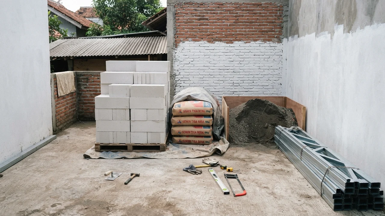 Kondisi Lapangan: Tumpukan Bata Hebel, Semen, Pasir Kali, & Baja Ringan