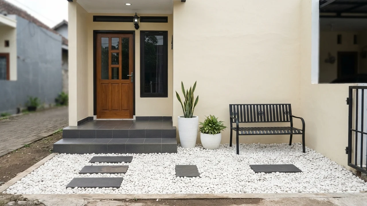 Ide 1: Hamparan Batu Koral Putih, Batu Andesit Bakar, & Pot Sansevieria