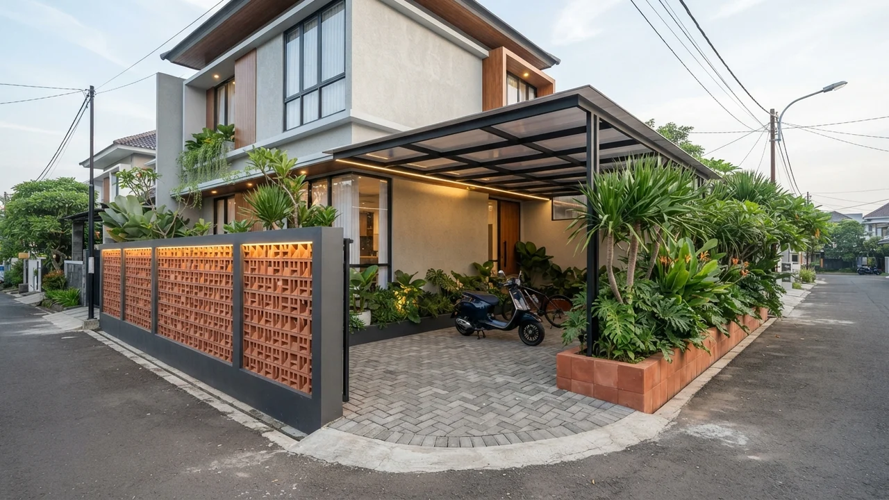 Ide 1: Kanopi Polycarbonate Samping, Paving Block, & Taman Pembatas