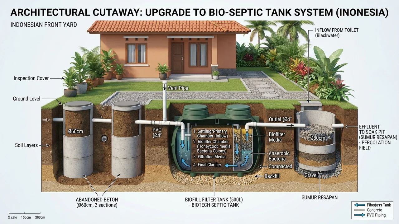 Ide 1: Diagram Potongan Sistem Biofilter 500L Menuju Sumur Resapan