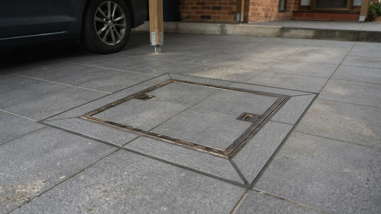 Ide 4: Tutup Kontrol Manhole Cast Iron Terpasang Rata Permukaan Carport