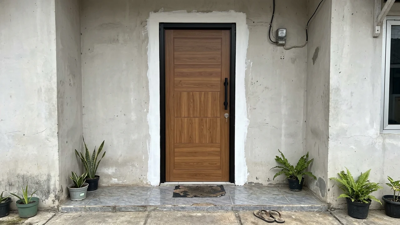 Ide 1: Pintu Depan Kusen Aluminium 3 Inch Hitam Doff & Handle Pintu Panjang