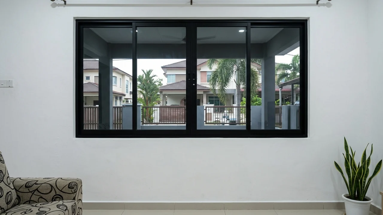Ide 2: Jendela Ruang Tamu Geser (Sliding) Aluminium Hitam Kaca Riben 5mm