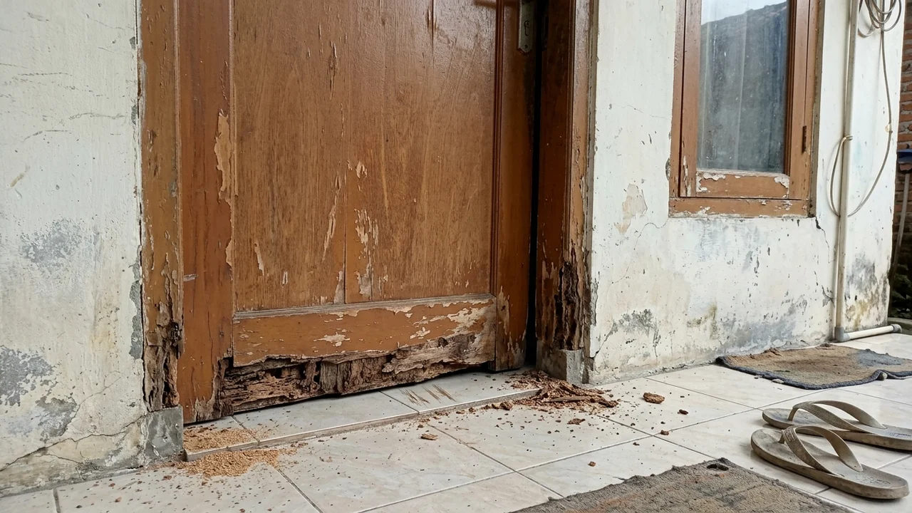 Kondisi Awal: Kusen Kayu Pintu Depan Keropos Dimakan Rayap & Pintu Seret