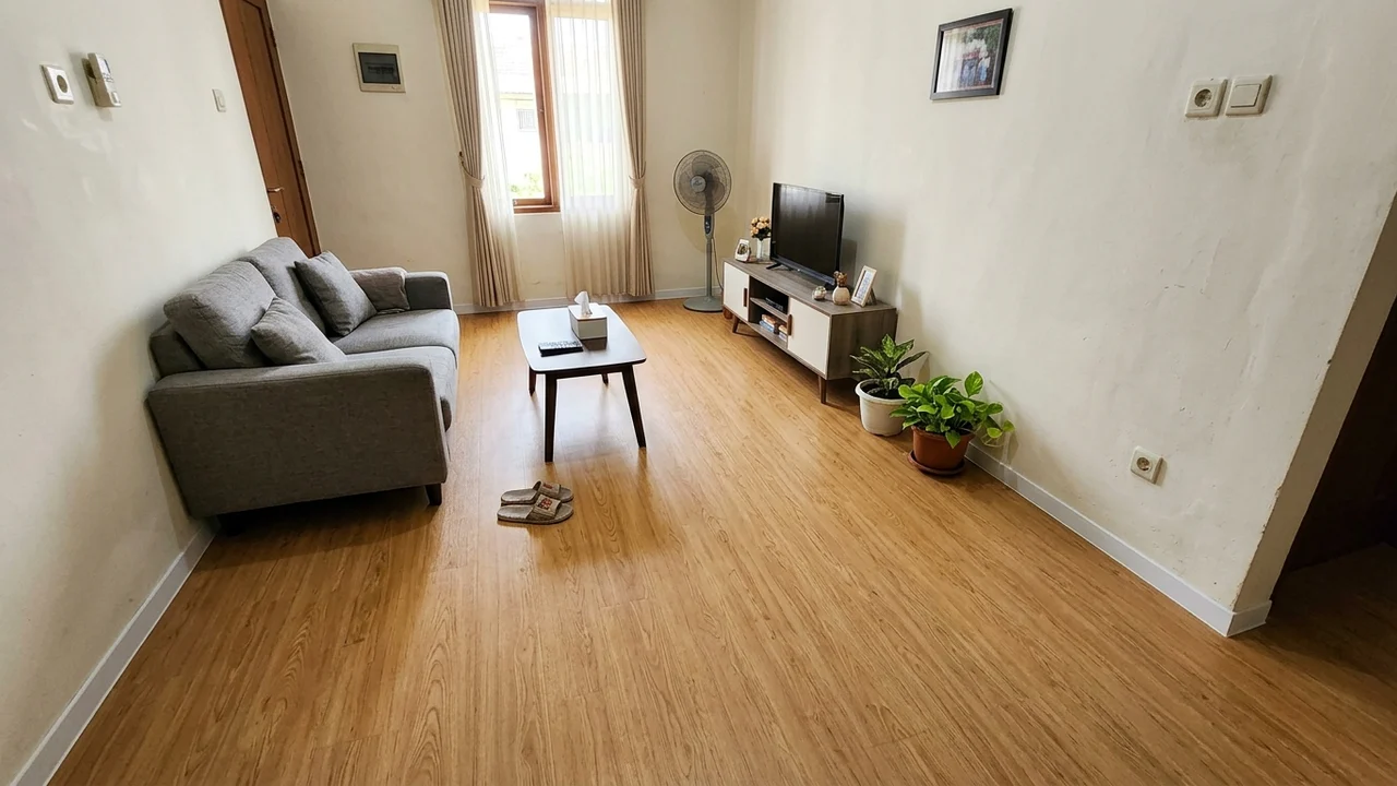 Ide 1: Pemasangan Karpet Vinyl Roll Motif Oak Muda di Ruang Tamu (Super Hemat)