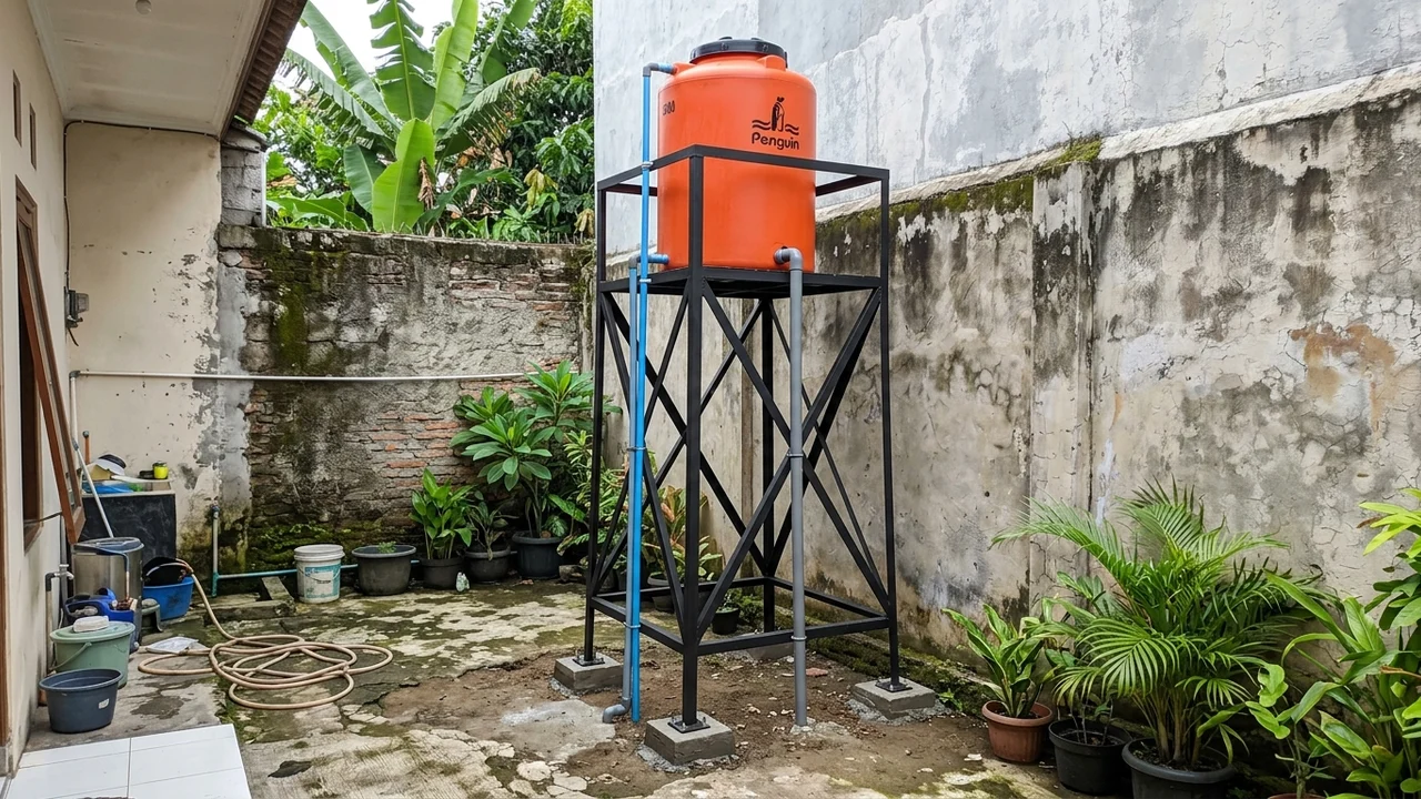 Ide 1: Menara Besi Siku 5x5cm Tinggi 2.2m Dudukan Toren 500L di Sudut Belakang