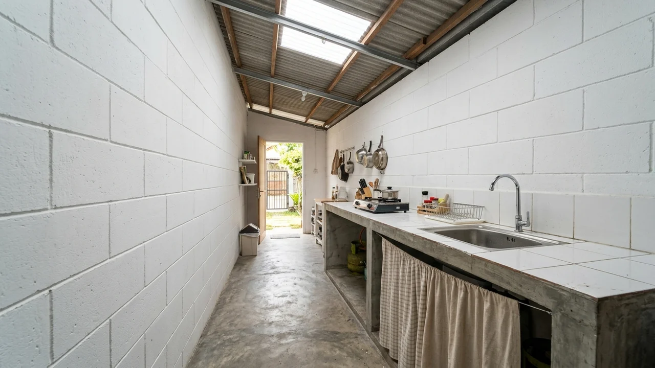 Ide 2: Dapur Belakang 6x2m Tertutup Rapi dengan Meja Cor & Atap Spandek