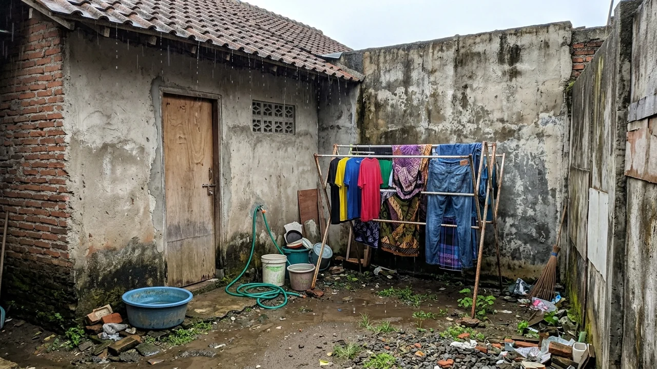 Kondisi Awal: Area Cuci Jemur Belakang Tanah Becek & Jemuran Terkena Hujan